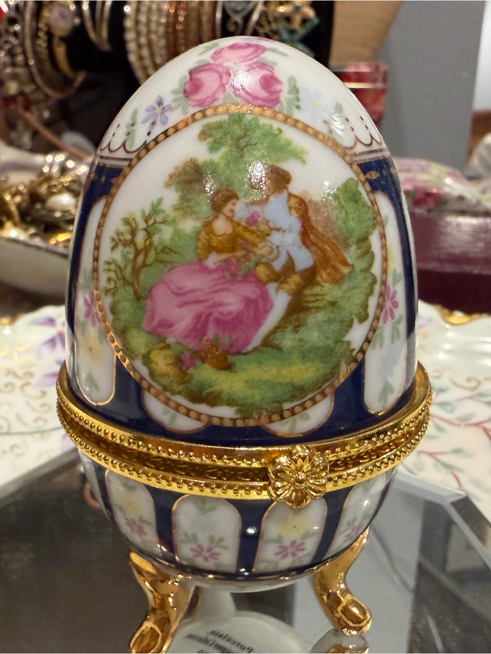 Decorative Porcelain Trinket Egg with Gold Accents - Pink & Navy
